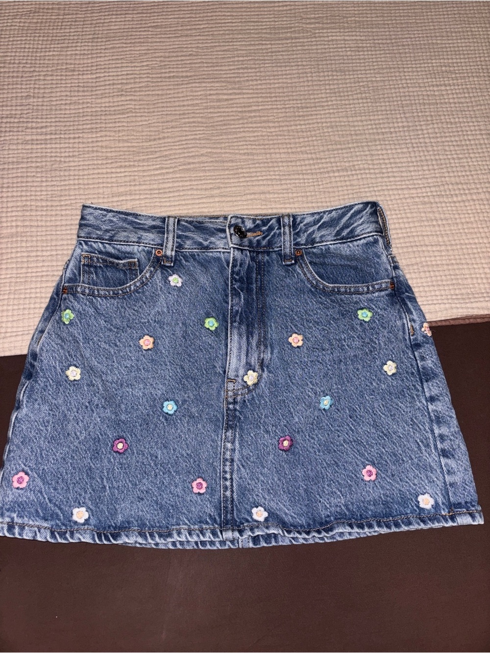 PacSun Blue Denim Mini Skirt with Multicolor Embroidered Flowers